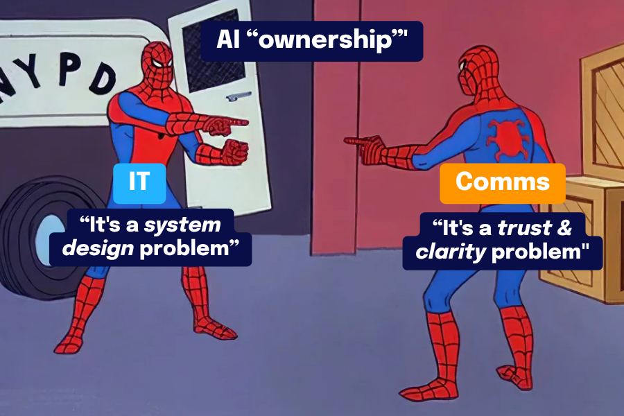 Two identical Spider-Man characters pointing at each other, labeled “IT” and “Comms,” under the heading “AI ‘ownership’.” Text shows IT saying “It’s a systems design problem” and Comms saying “It’s a trust & clarity problem,” illustrating conflicting perspectives.