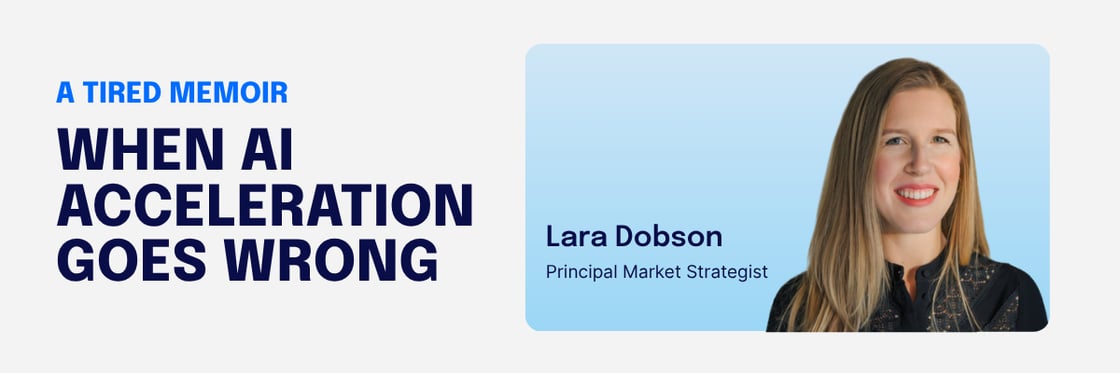 Text the reads "A tired memoir, when AI acceleration goes wrong." On the right, a photo of Lara Dobson.