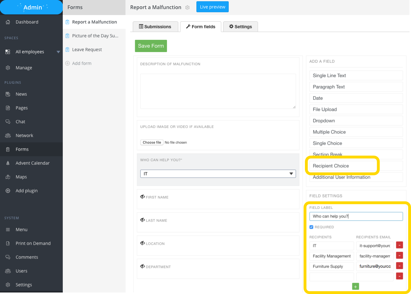 Forms recipient chooser