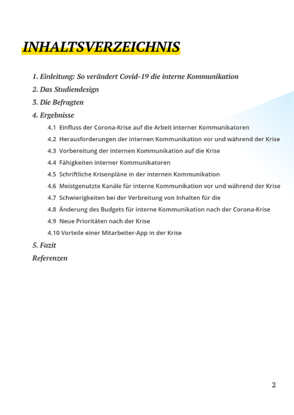 Inhaltsverzeichnis Studie interne Krisenkommunikation